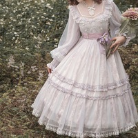 Japanese Bow Lace Princess Fairytale Classic Pearl Rose Flower Floral Pattern White Purple Violet Lilac Long Sleeve Dress - Thumbnail 1