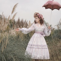 Japanese Bow Lace Princess Fairytale Classic Pearl Rose Flower Floral Pattern White Purple Violet Lilac Long Sleeve Dress - Thumbnail 2