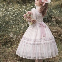 Japanese Bow Lace Princess Fairytale Classic Pearl Rose Flower Floral Pattern White Purple Violet Lilac Long Sleeve Dress - Thumbnail 3