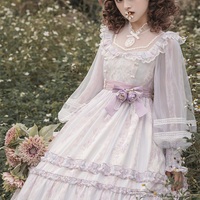 Japanese Bow Lace Princess Fairytale Classic Pearl Rose Flower Floral Pattern White Purple Violet Lilac Long Sleeve Dress - Thumbnail 4