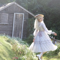 Japanese Bow Lace Princess Fairytale Classic Pearl Rose Flower Floral Pattern White Purple Violet Lilac Long Sleeve Dress - Thumbnail 8