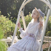 Japanese Bow Lace Princess Fairytale Classic Pearl Rose Flower Floral Pattern White Purple Violet Lilac Long Sleeve Dress - Thumbnail 9