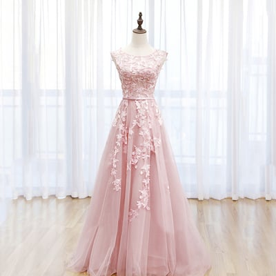 Pink scoop tulle lace long prom dress, a-line evening party dress - Thumbnail 2