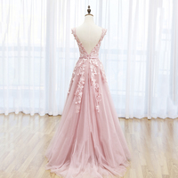 Pink Scoop Tulle Lace Long Prom Dress, A-Line Evening Party Dress - Thumbnail 1