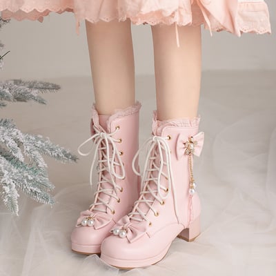 Princess decorated with gold diamond chains bow black white pink high heels shoes boots - Thumbnail 3
