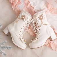Princess Decorated with Gold Diamond Chains Bow Black White Pink High Heels Shoes Boots - Thumbnail 5