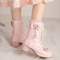 Princess Decorated with Gold Diamond Chains Bow Black White Pink High Heels Shoes Boots - Thumbnail 2