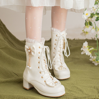 Princess Decorated with Gold Diamond Chains Bow Black White Pink High Heels Shoes Boots - Thumbnail 3