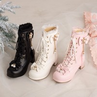 Princess Decorated with Gold Diamond Chains Bow Black White Pink High Heels Shoes Boots - Thumbnail 8