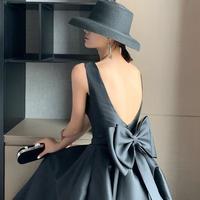 Square Neck Tea Length Black Prom Dresses - Thumbnail 2