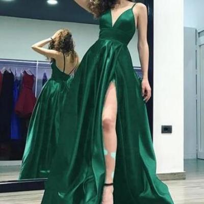 A line dark green spaghetti straps slit leg long prom dress - Thumbnail 2