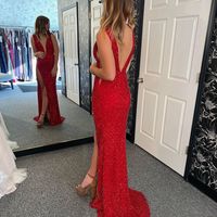 Charming Sparkly Mermaid V Neck Red Prom Dress with Slit - Thumbnail 1