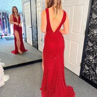 Charming Sparkly Mermaid V Neck Red Prom Dress with Slit - Thumbnail 2