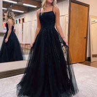 Cute A Line Scoop Neck Black Tulle Prom Dresses with Appliques - Thumbnail 1