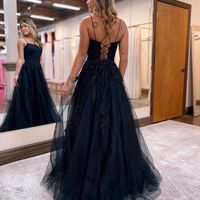 Cute A Line Scoop Neck Black Tulle Prom Dresses with Appliques - Thumbnail 3