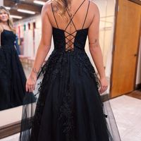 Cute A Line Scoop Neck Black Tulle Prom Dresses with Appliques - Thumbnail 2