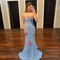 Sparkly Mermaid Scoop Neck Straps Light Blue Prom Dresses - Thumbnail 1