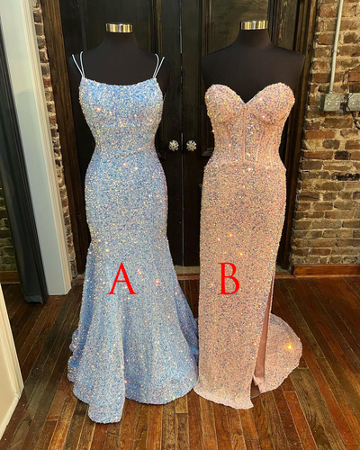 Sparkly Mermaid Scoop Neck Straps Light Blue Prom Dresses