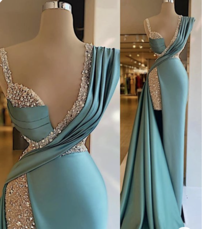 Turquoise Prom Dresses Slit Side with Beading