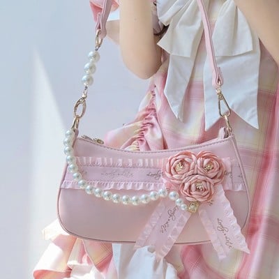 Sweet heart dream rose flower shoulder white & pink underarm bag