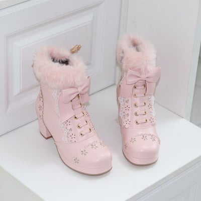 Japanese sweet princess bow decorated fur white cream pink black winter high heels boots - Thumbnail 3