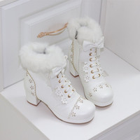Japanese Sweet Princess Bow Decorated Fur White Cream Pink Black Winter High Heels Boots - Thumbnail 1