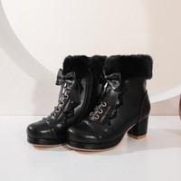 Japanese Sweet Princess Bow Decorated Fur White Cream Pink Black Winter High Heels Boots - Thumbnail 2