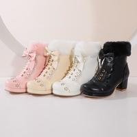 Japanese Sweet Princess Bow Decorated Fur White Cream Pink Black Winter High Heels Boots - Thumbnail 4