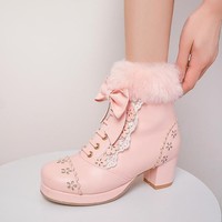 Japanese Sweet Princess Bow Decorated Fur White Cream Pink Black Winter High Heels Boots - Thumbnail 6