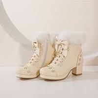 Japanese Sweet Princess Bow Decorated Fur White Cream Pink Black Winter High Heels Boots - Thumbnail 3
