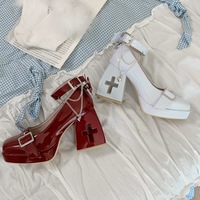 Punk Devil Wings Cross Heart Silver Chains Japanese High Heels Mary Jane Shoes - Thumbnail 8