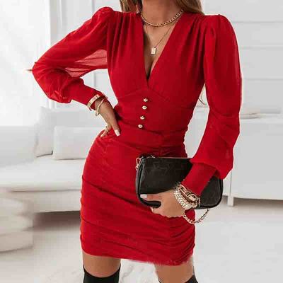 Temperament Red Mesh Splicing V-Neck Dress