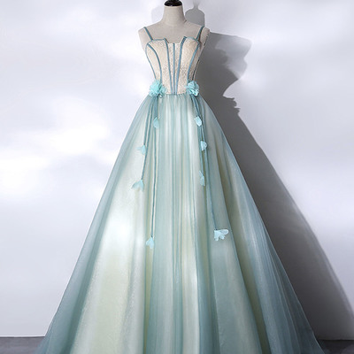 Green spaghetti lace long prom dress, a-line evening party dress - Thumbnail 1