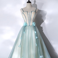 Green Spaghetti Lace Long Prom Dress, A-Line Evening Party Dress - Thumbnail 1