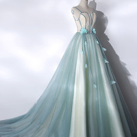 Green Spaghetti Lace Long Prom Dress, A-Line Evening Party Dress - Thumbnail 2