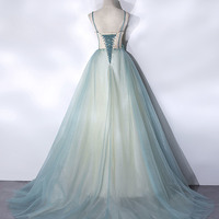 Green Spaghetti Lace Long Prom Dress, A-Line Evening Party Dress - Thumbnail 3