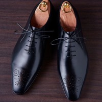 Top Trendy Men's Hand Stitch Black Brogue Toe Shoes, Lace Up Leather Shoes - Thumbnail 1