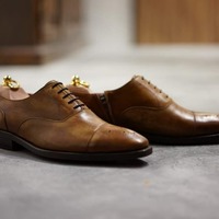 Classic Men's Hand Stitch Brown Cap Toe Shoes, Decent Lace Up  Leather Shoes - Thumbnail 1