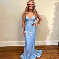 Cute Mermaid V Neck Ligth Blue Satin Prom Dresses with Beading - Thumbnail 1