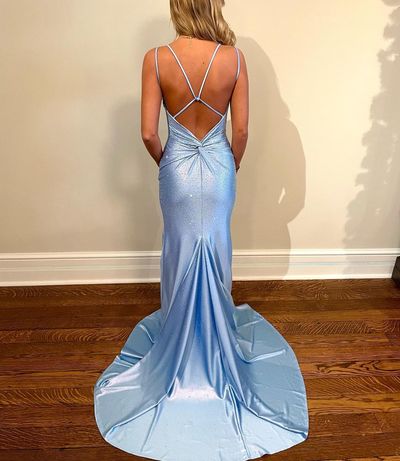 Cute Mermaid V Neck Ligth Blue Satin Prom Dresses with Beading