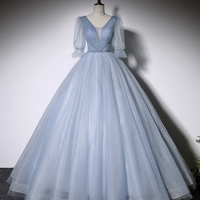Blue v-neck tulle long prom dress, blue short sleeve evening gown - Thumbnail 1