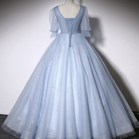 Blue V-Neck Tulle Long Prom Dress, Blue Short Sleeve Evening Gown - Thumbnail 3