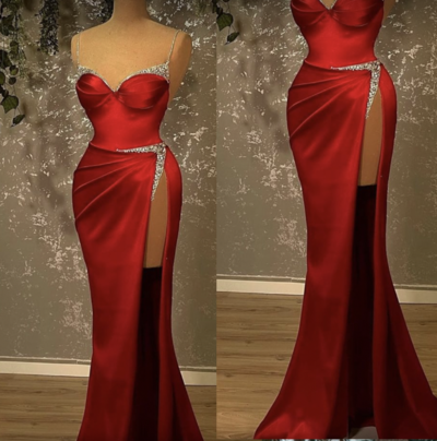 Spaghetti Straps Prom Dresses High Slit with Beading