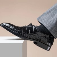 Men's Alligator Skin Texture Black Leather Whole Cut Handmade Lace Up Shoes  - Thumbnail 1