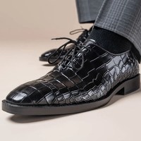 Men's Alligator Skin Texture Black Leather Whole Cut Handmade Lace Up Shoes  - Thumbnail 2
