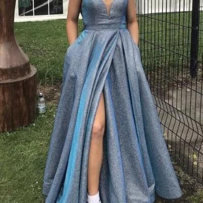 Spaghetti straps leg split long prom dress 