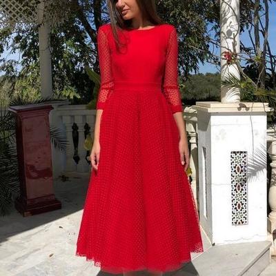 A line red v back tea length prom dress - Thumbnail 2