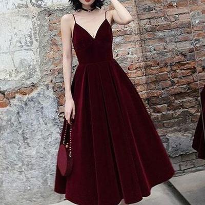 A line burgundy velvet long prom dress - Thumbnail 3