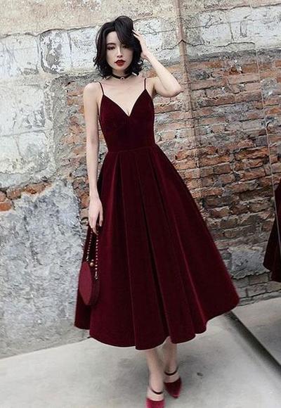 A line burgundy velvet long prom dress