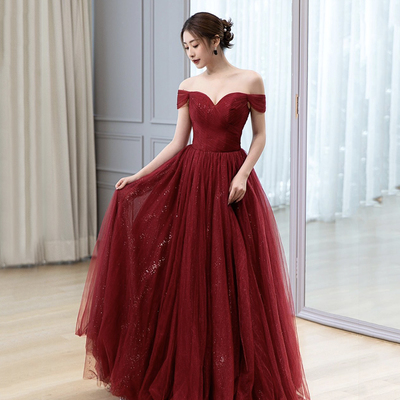 Burgundy tulle long prom dress, a-line off the shoulder evening dress - Thumbnail 1
